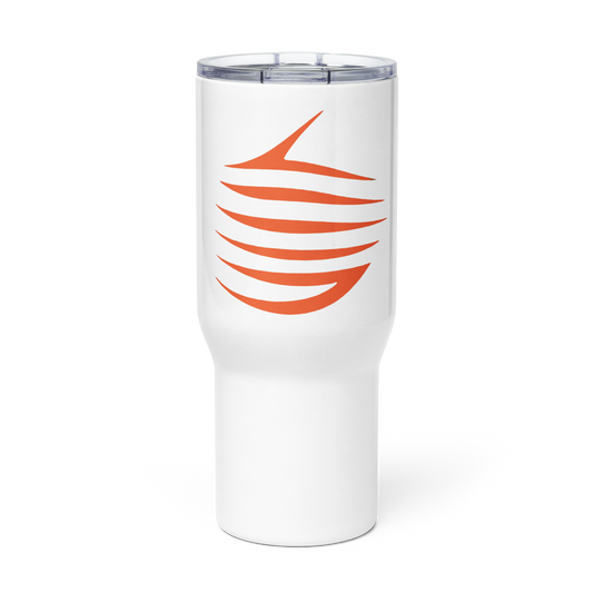 Precision Whisper Travel Mug: white tumbler with orange logo, secure lid.