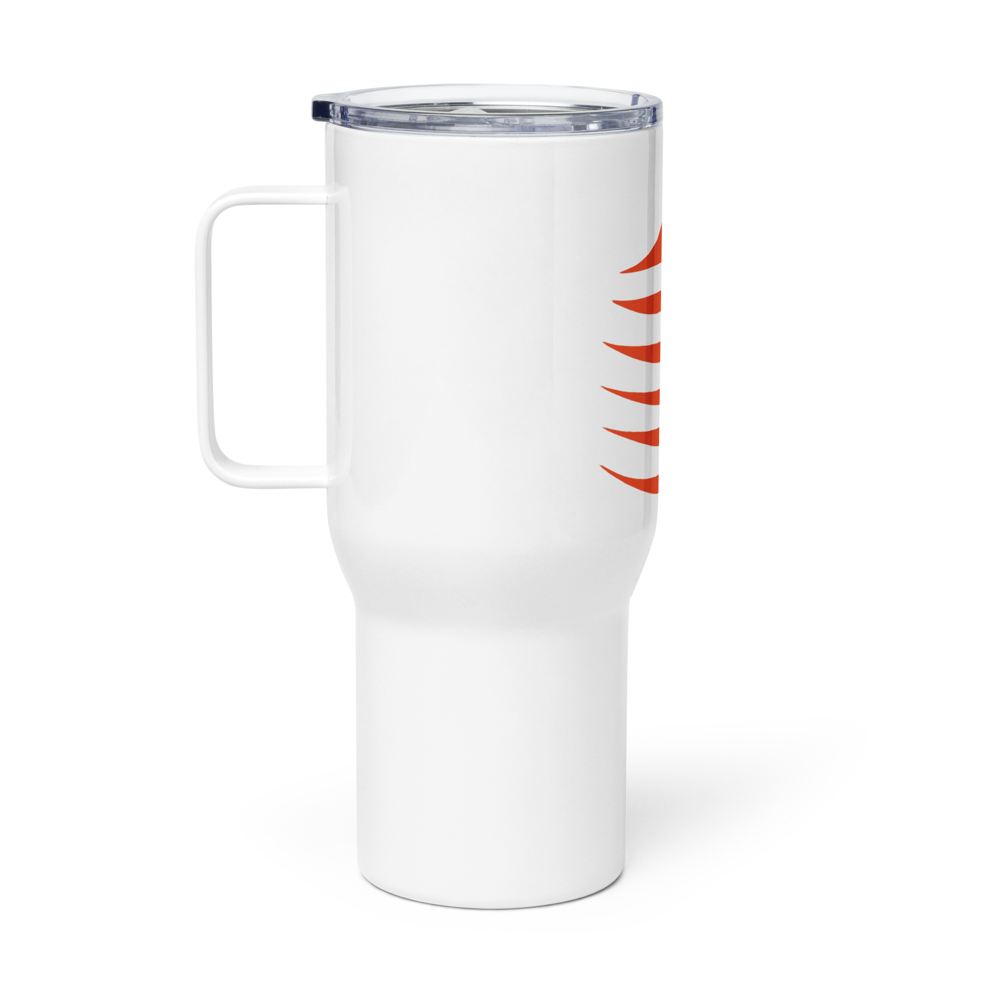 Precision Whisper Travel Mug, white, handle visible, ideal for spill-free beverage transport.