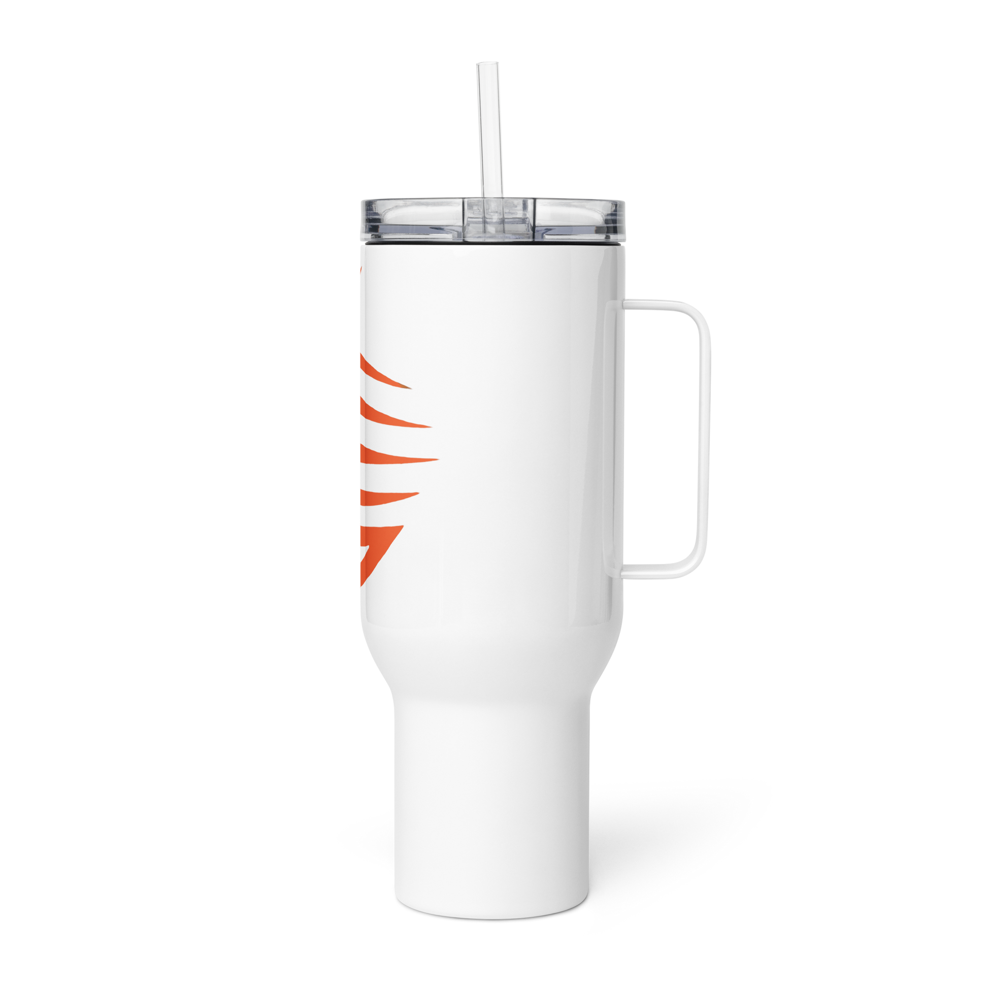 Precision Whisper Travel Mug with straw and black screen frame.