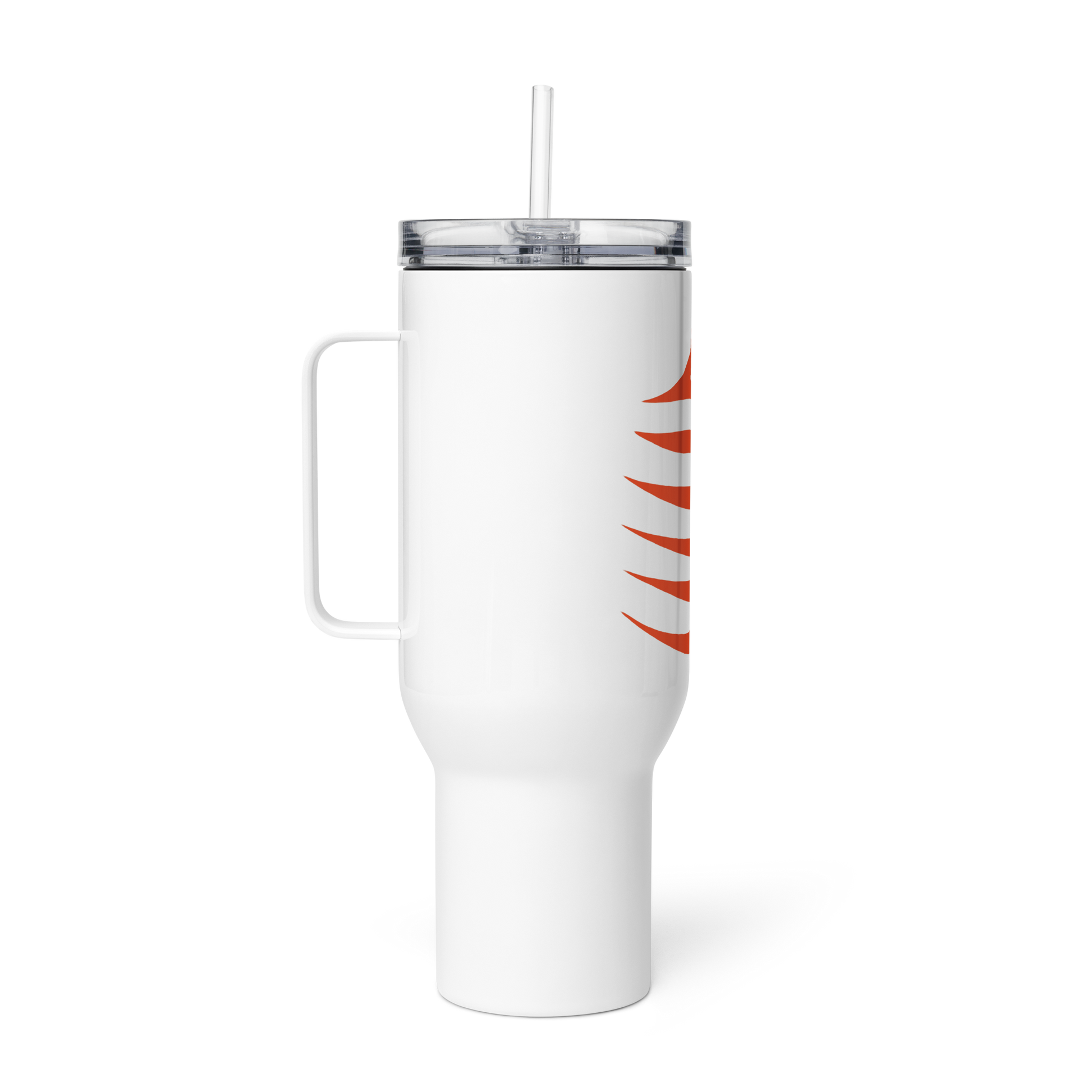 Precision Whisper Travel Mug with straw and white rectangular device in view.