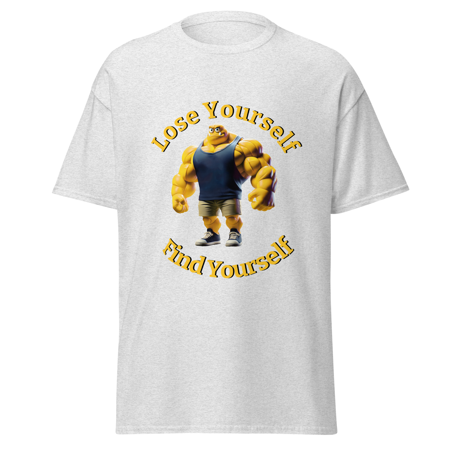 White t-shirt featuring Lose Yourself, Find Yourself with yellow cartoon character.
