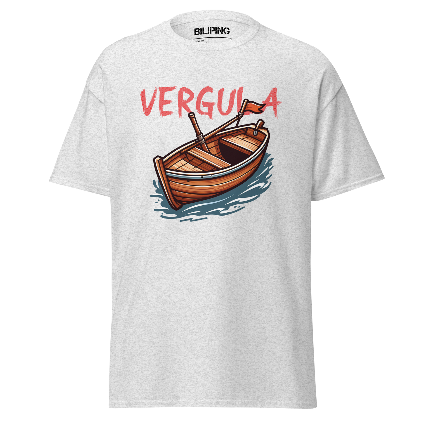 Vergula white t-shirt featuring a boat design, perfect for casual adventures.