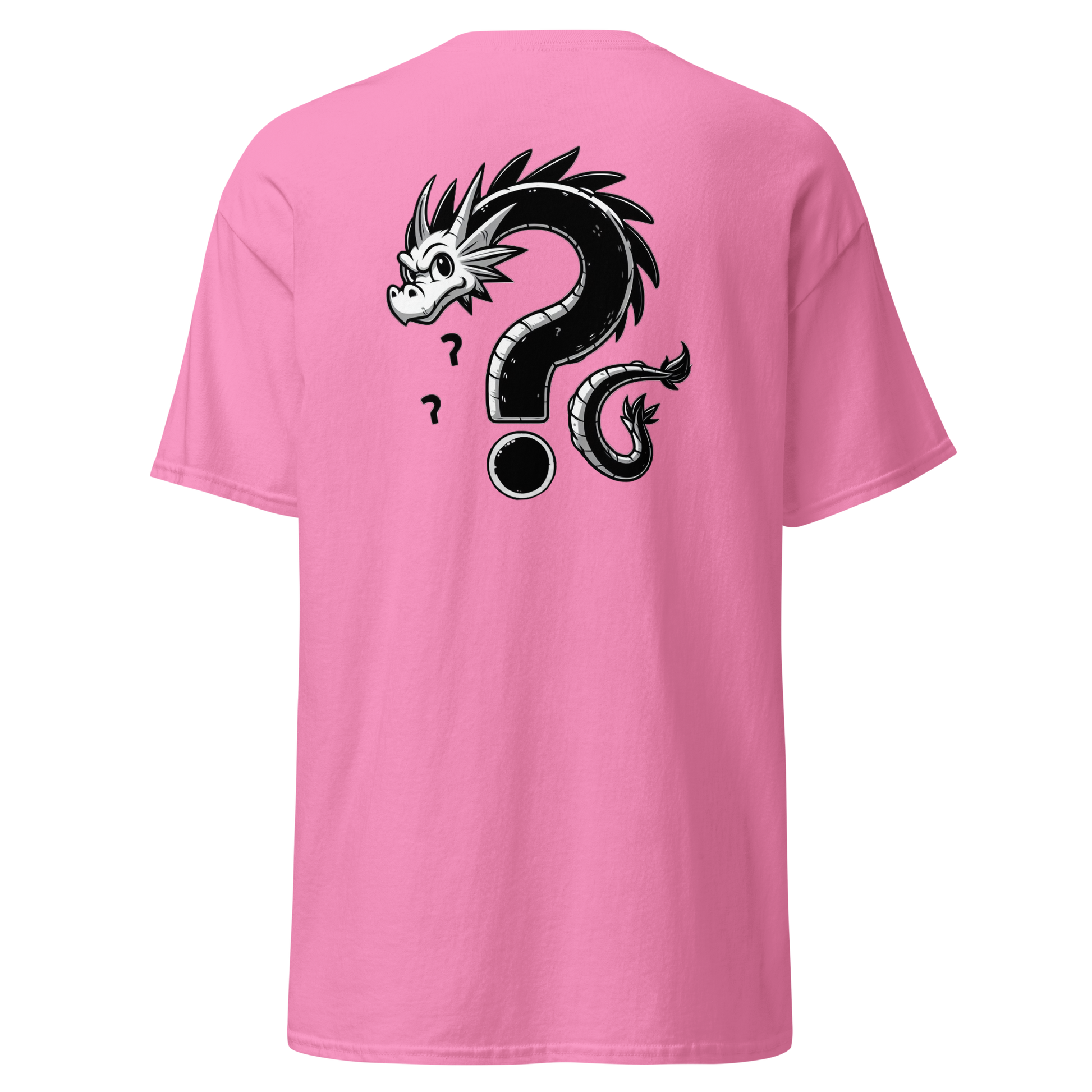 Where is the Dragon? pink t-shirt with dragon cartoon logo.