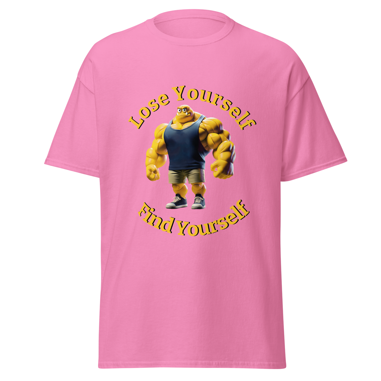 Pink t-shirt with cartoon character, titled Lose Yourself, Find Yourself.