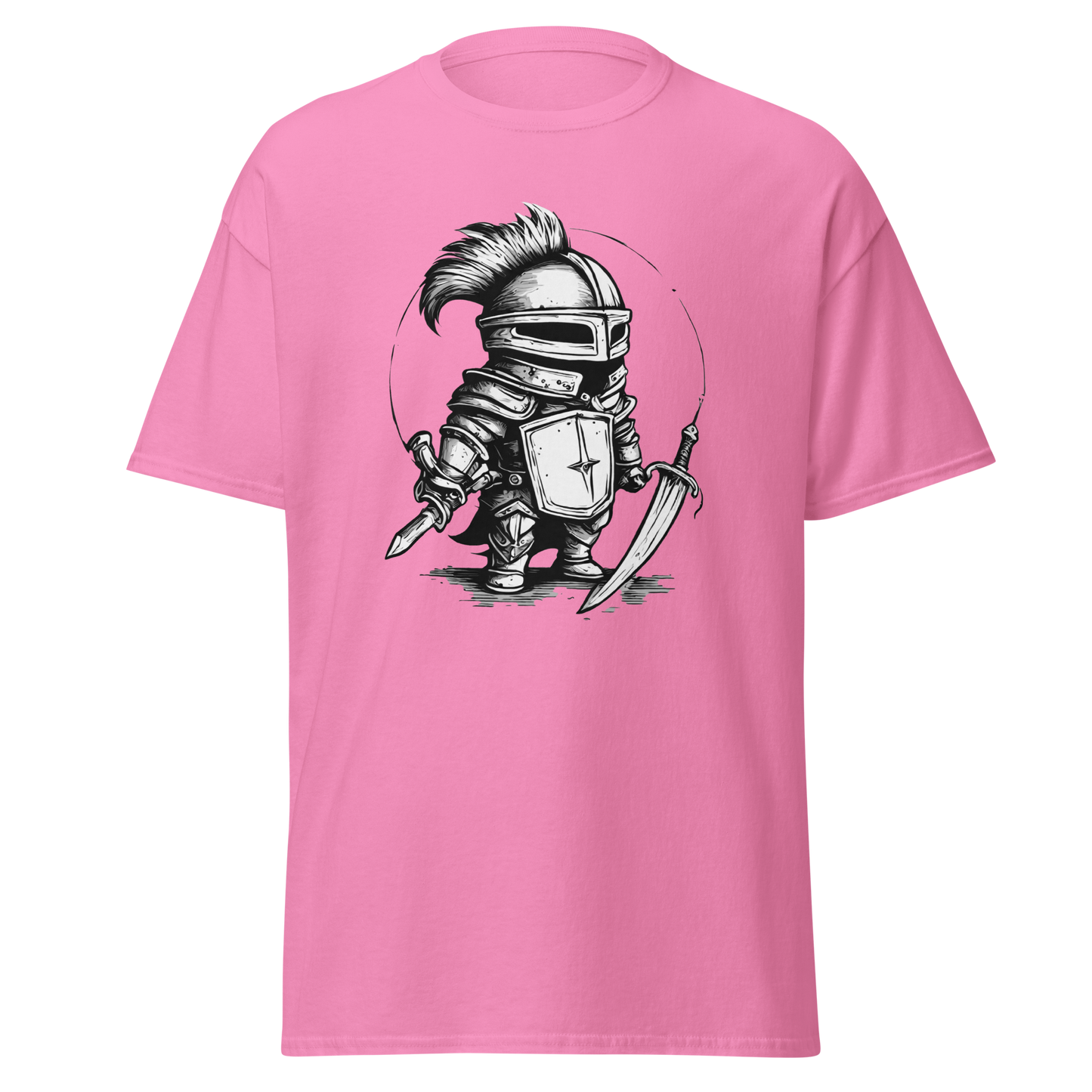 Where is the Dragon? pink t-shirt with cartoon knight.