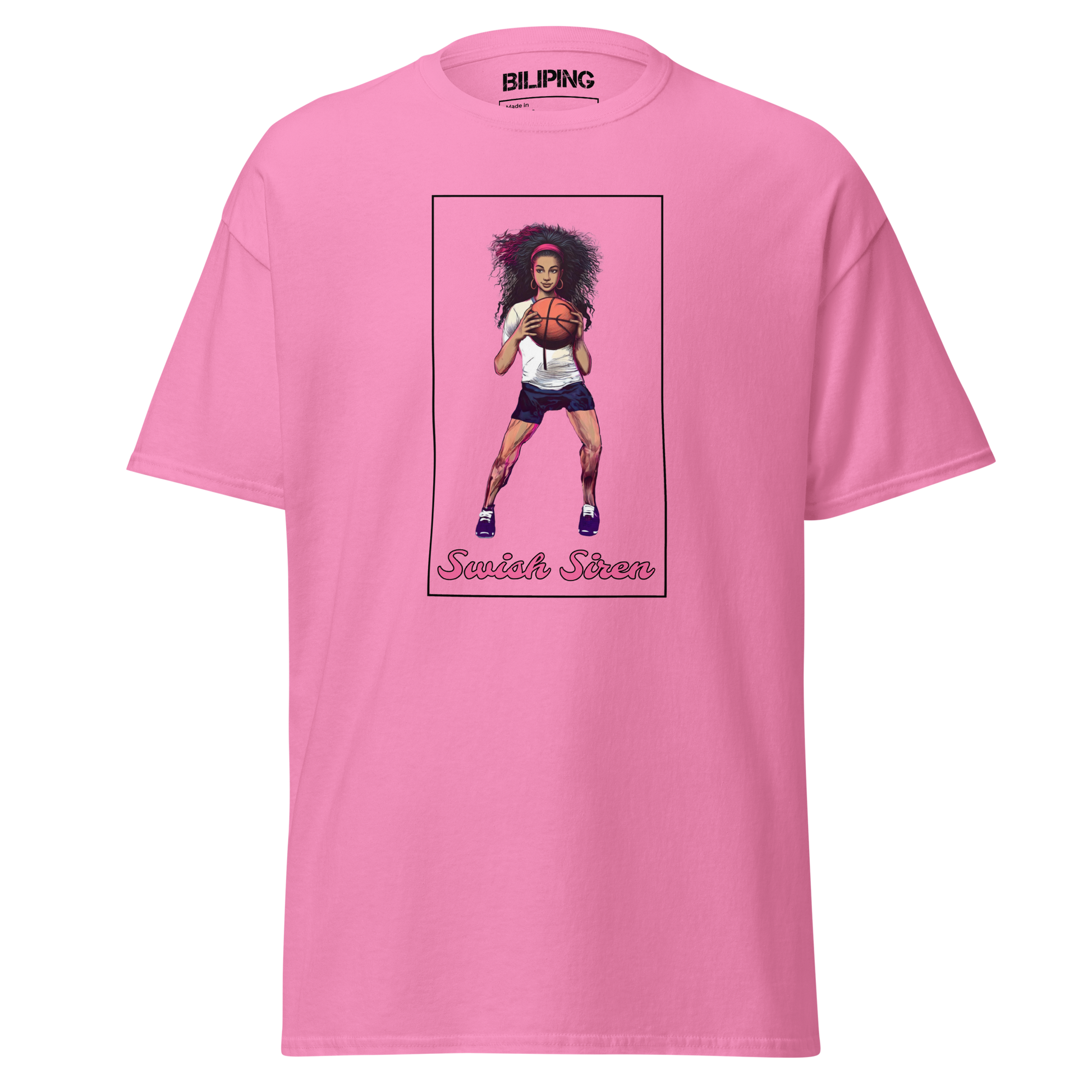 Swish Siren t-shirt featuring a woman holding a basketball.