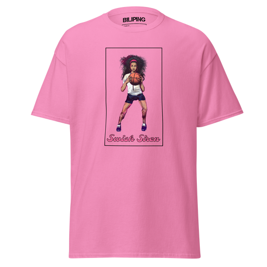 Swish Siren t-shirt featuring a woman holding a basketball.