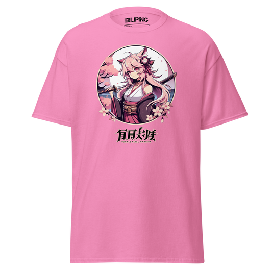 Purple Petal Warrior pink t-shirt with cartoon character, structured fit.