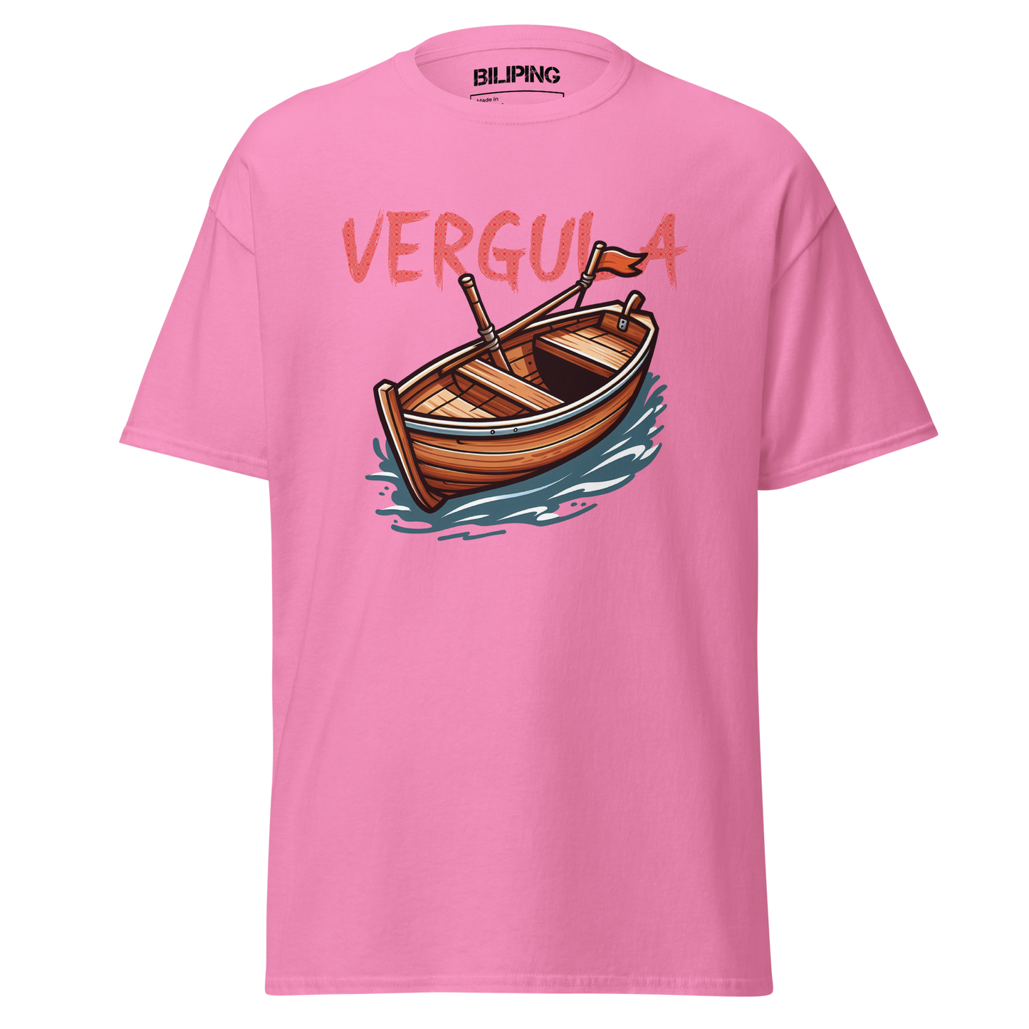 Vergula pink t-shirt featuring a boat design, ideal for casual comfort.