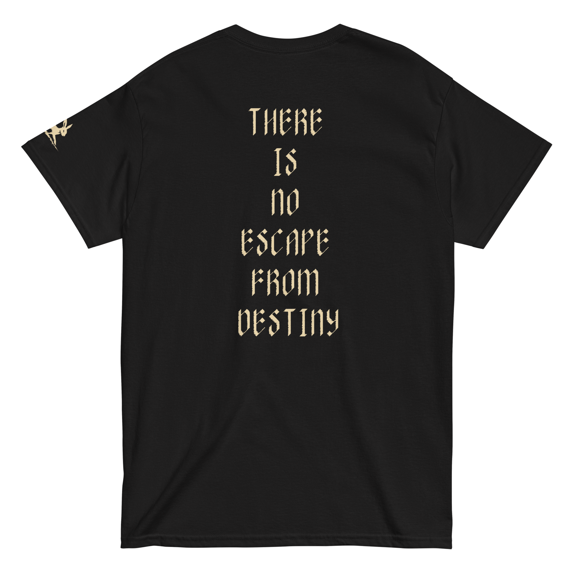 Ratu: Born from Shadows black tee with gold text on back.