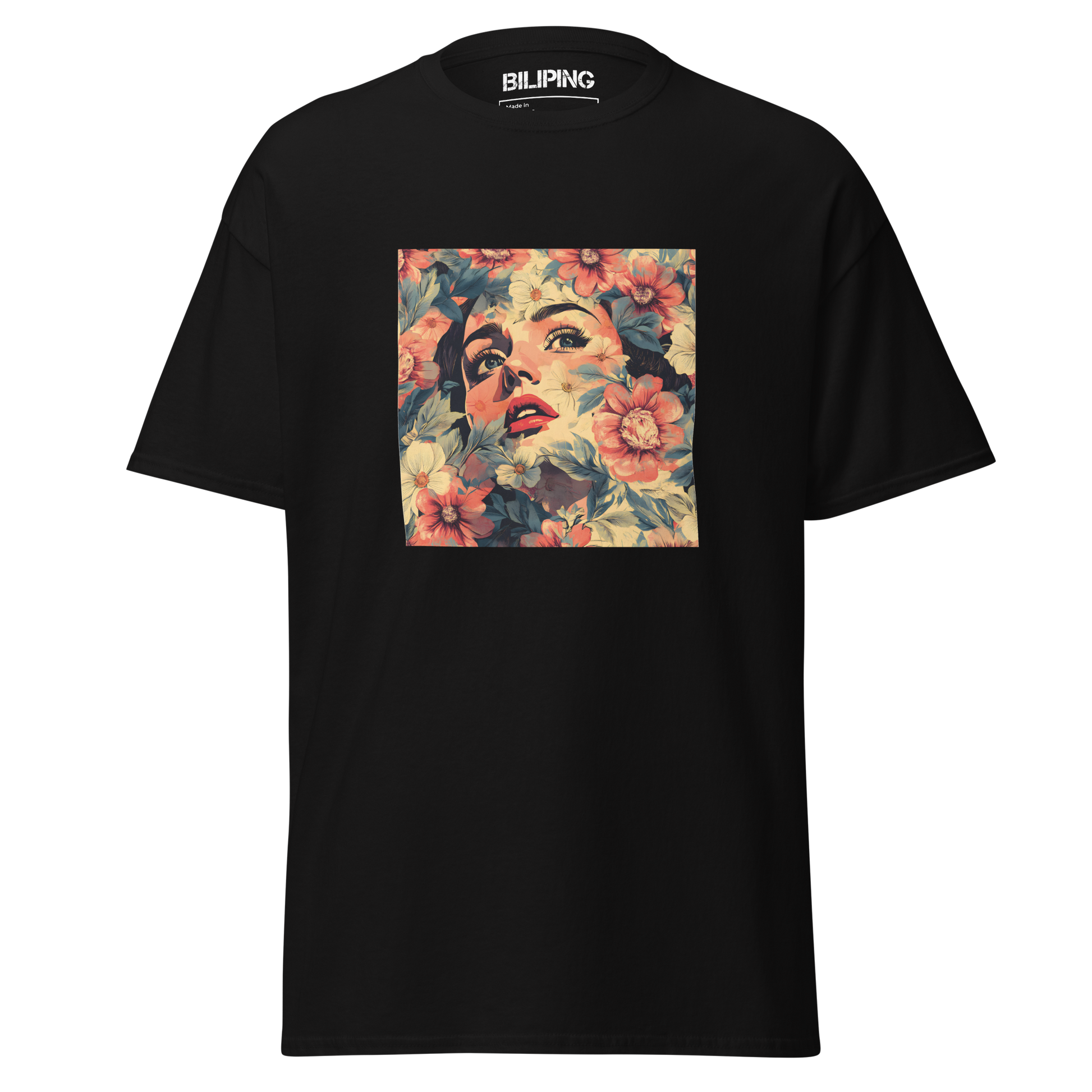 Lady in Flowers tee: close-up of a woman's face, structured cotton shirt.