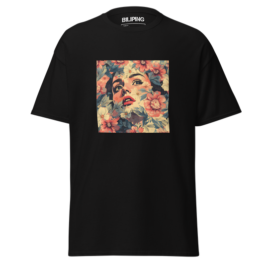 Lady in Flowers tee: close-up of a woman's face, structured cotton shirt.