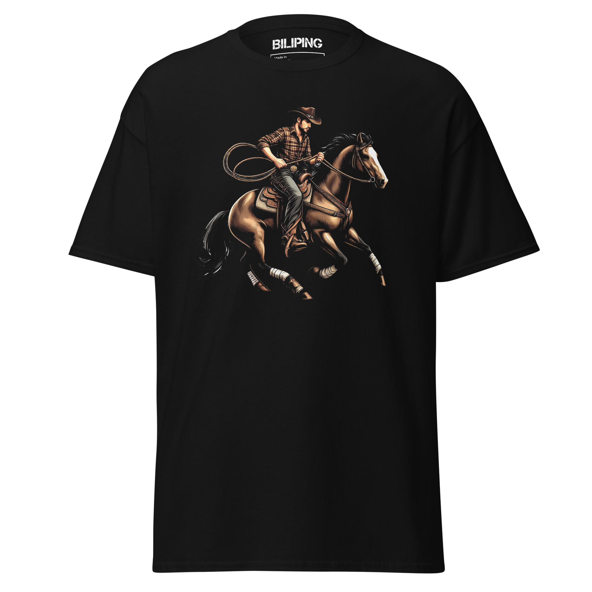 Trailblazers' Tango: Black tee featuring a cowboy riding a horse.
