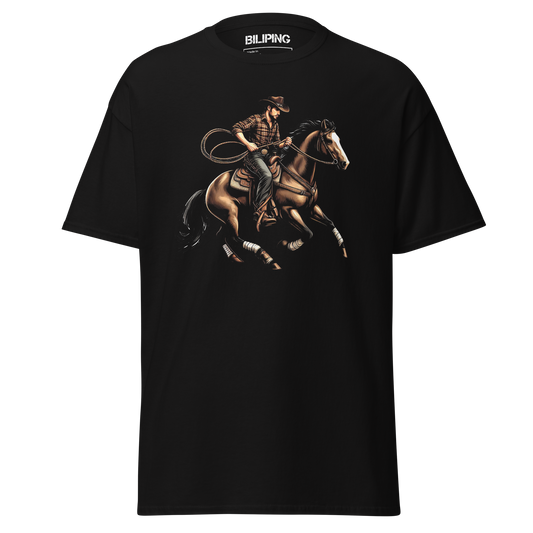 Trailblazers' Tango: Black tee featuring a cowboy riding a horse.