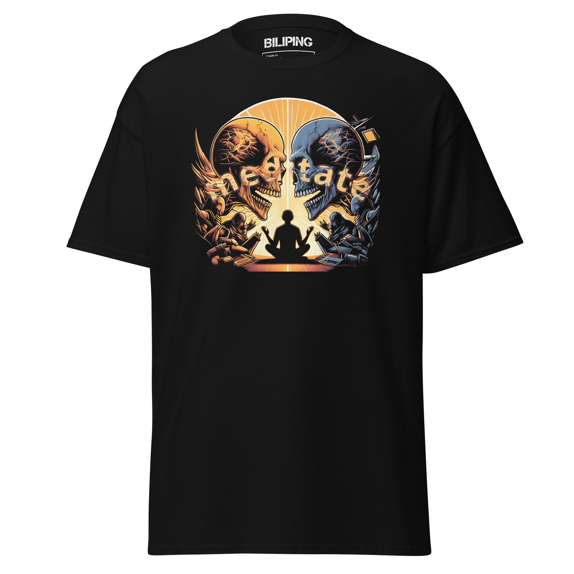 Meditative Mirage black t-shirt with graphic design, structured fit, 100% cotton.