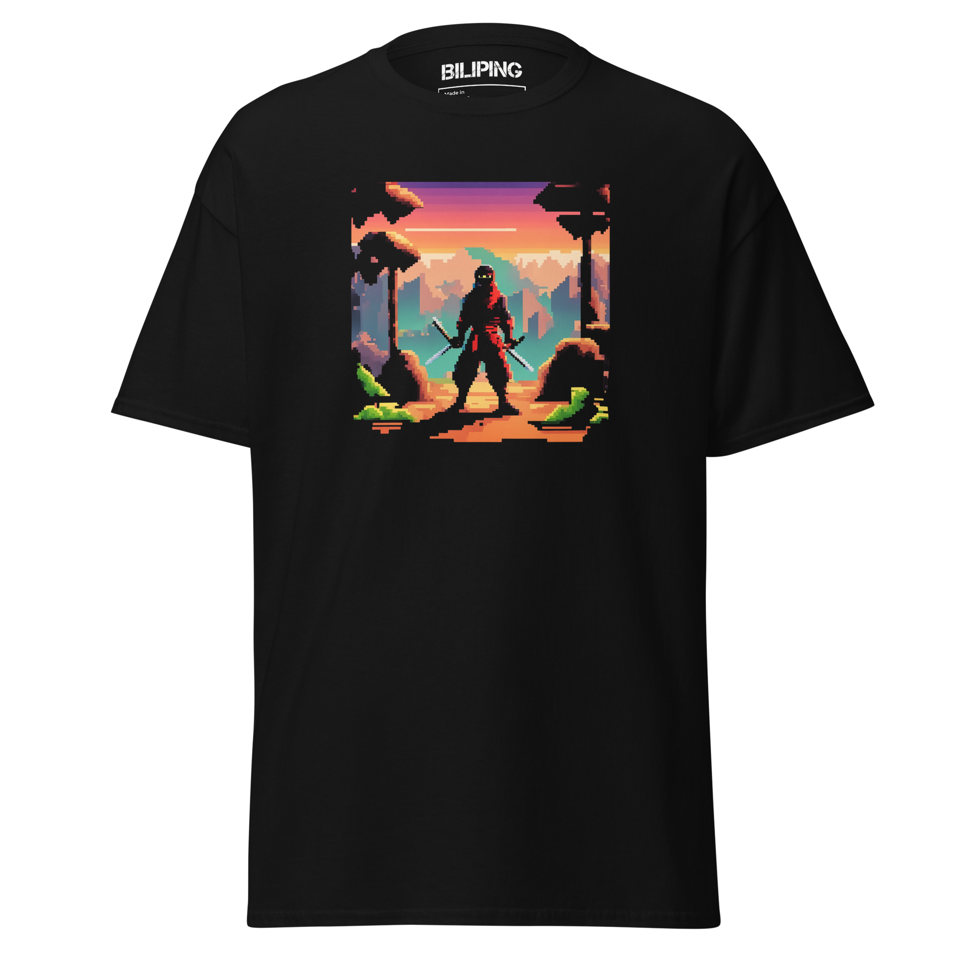 Pixja black t-shirt featuring a pixelated man with a sword.