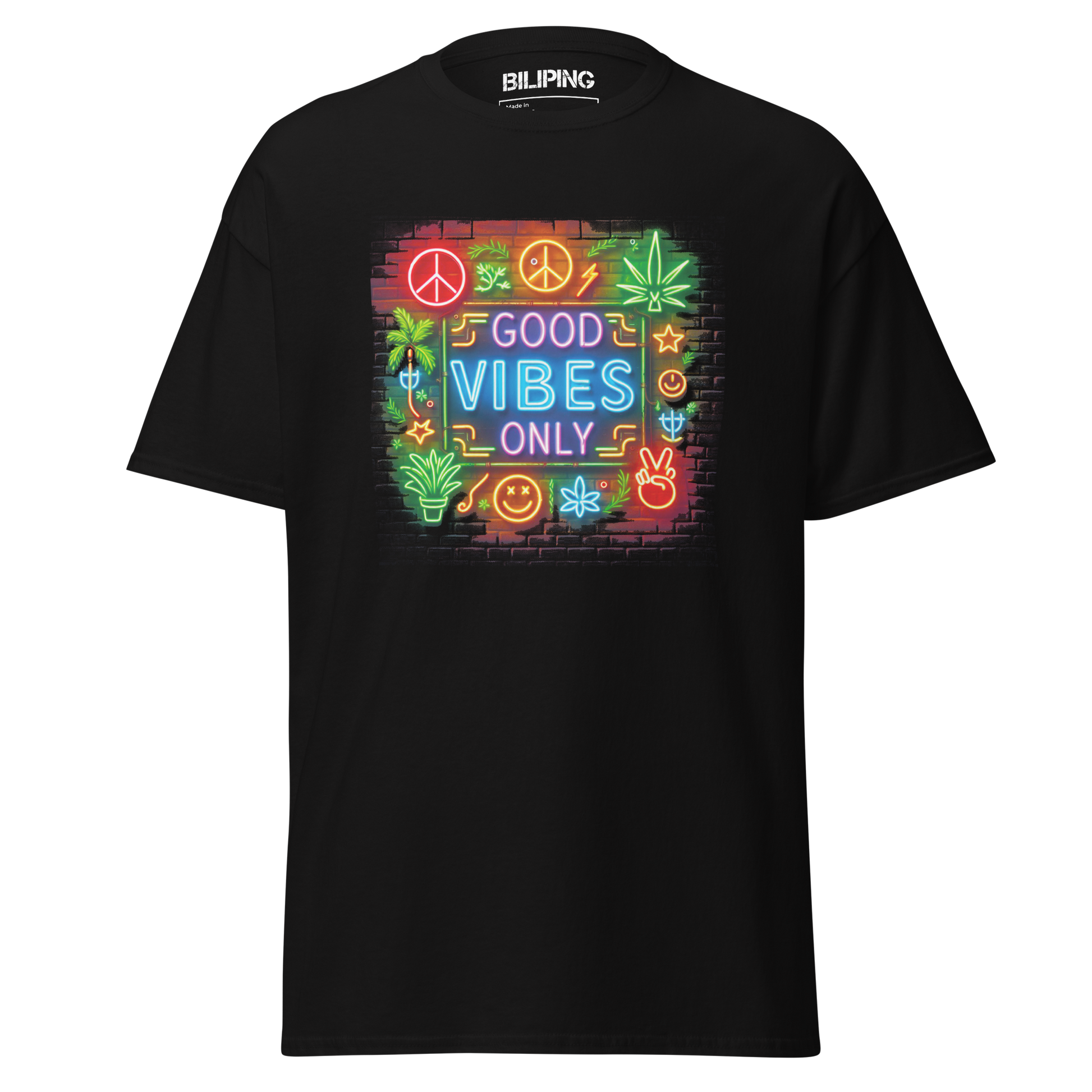 Good Vibes Only tee, neon peace sign backdrop, structured fit.