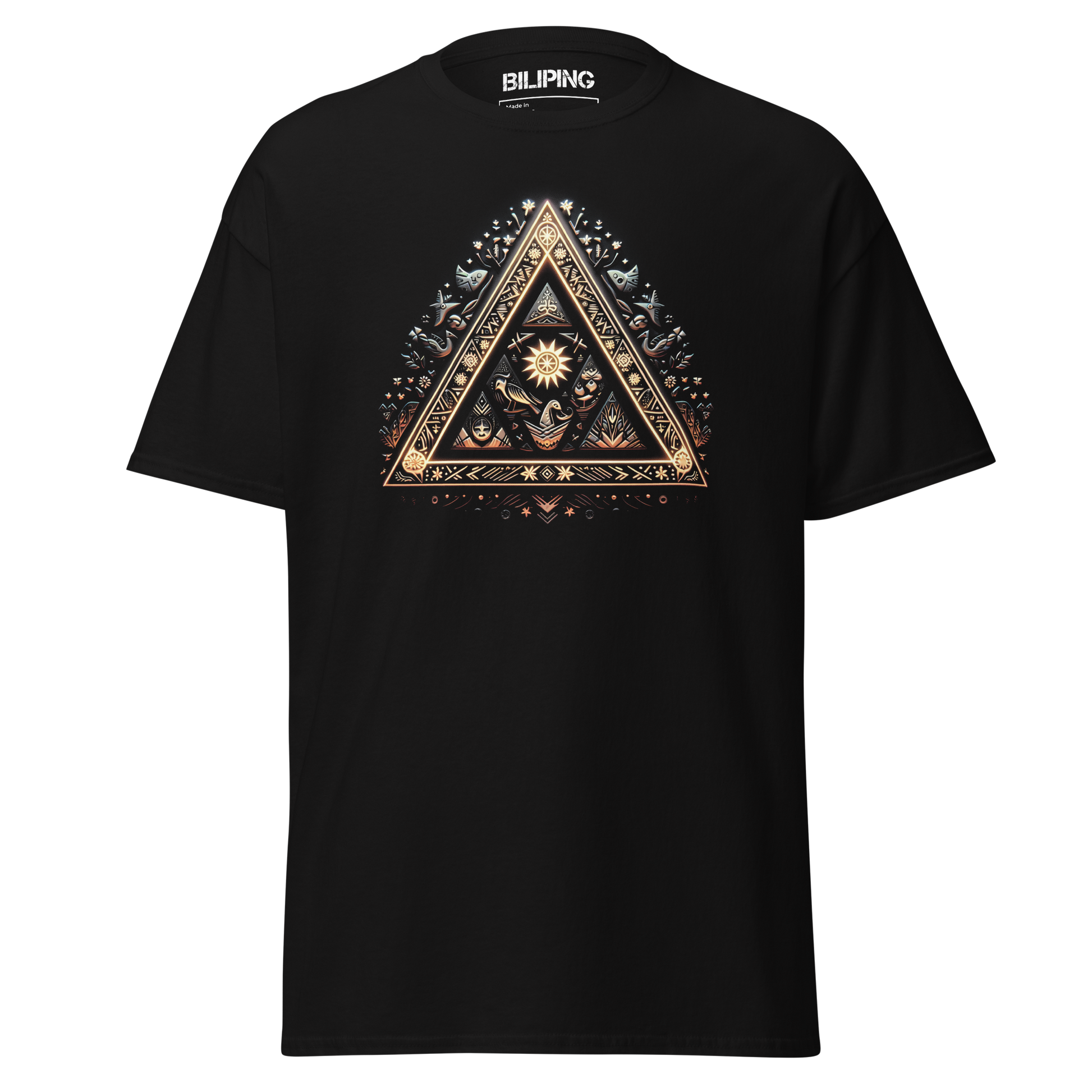 Trixity black t-shirt with triangle design, structured fit, 100% cotton.