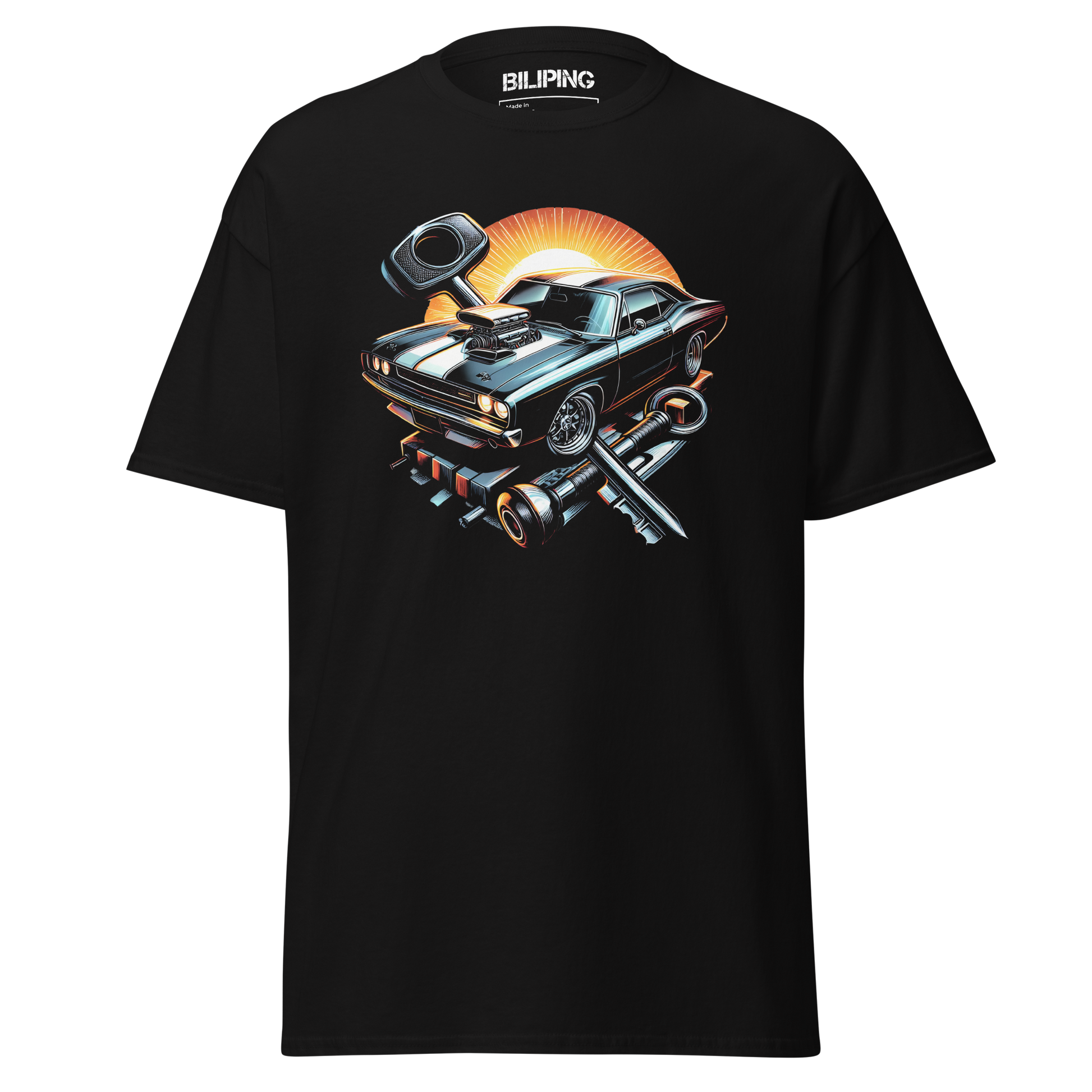 Throttle Thrasher t-shirt featuring a car graphic, close-up view.