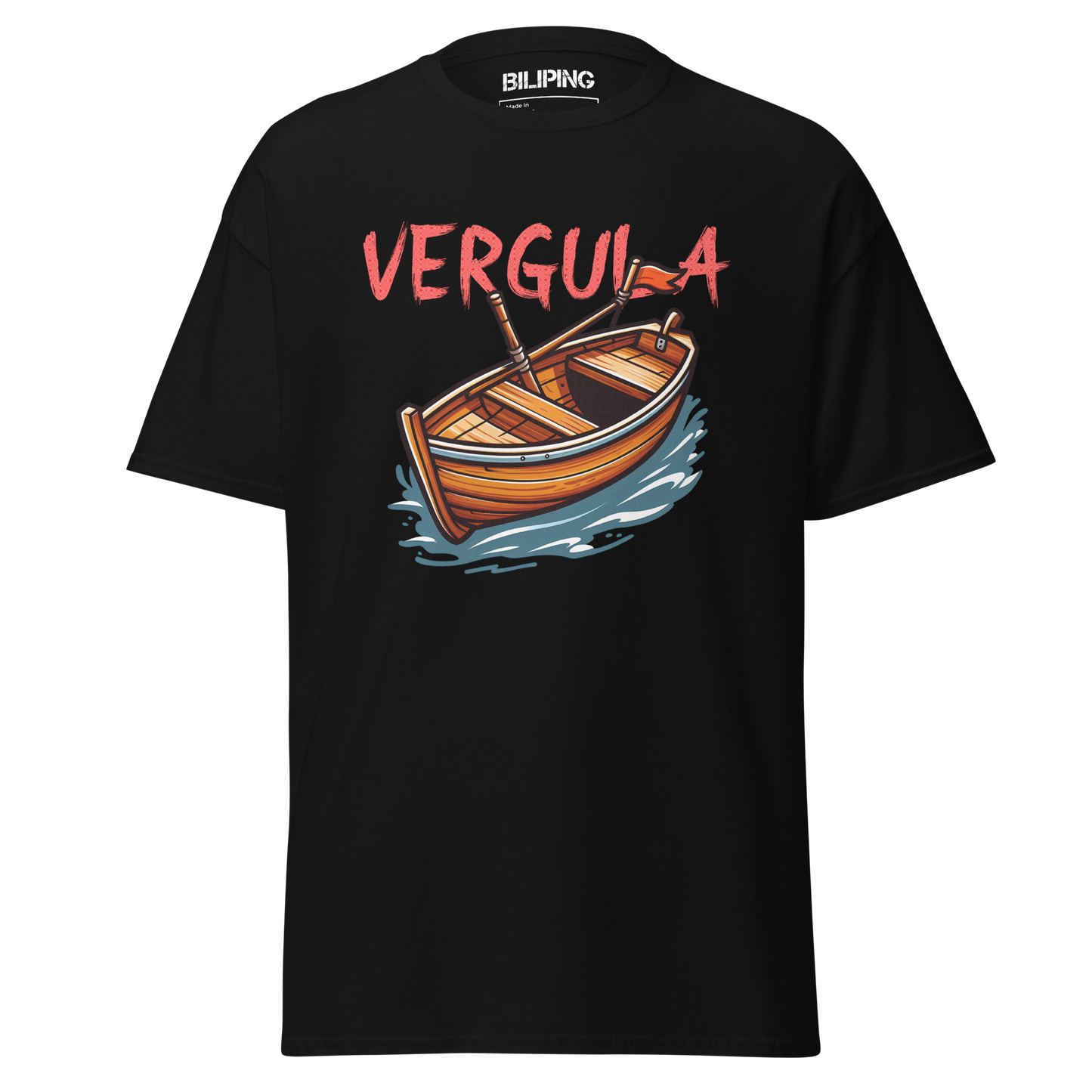 Vergula black t-shirt featuring a boat design, ideal for everyday comfort.