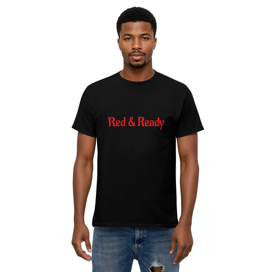 Man wearing Red & Ready classic black tee, showcasing its structured fit.