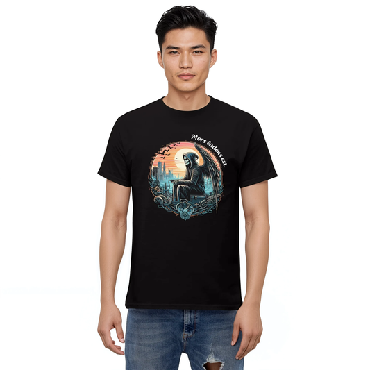 Man wearing 'Reaper is playing' black cotton tee with structured fit.