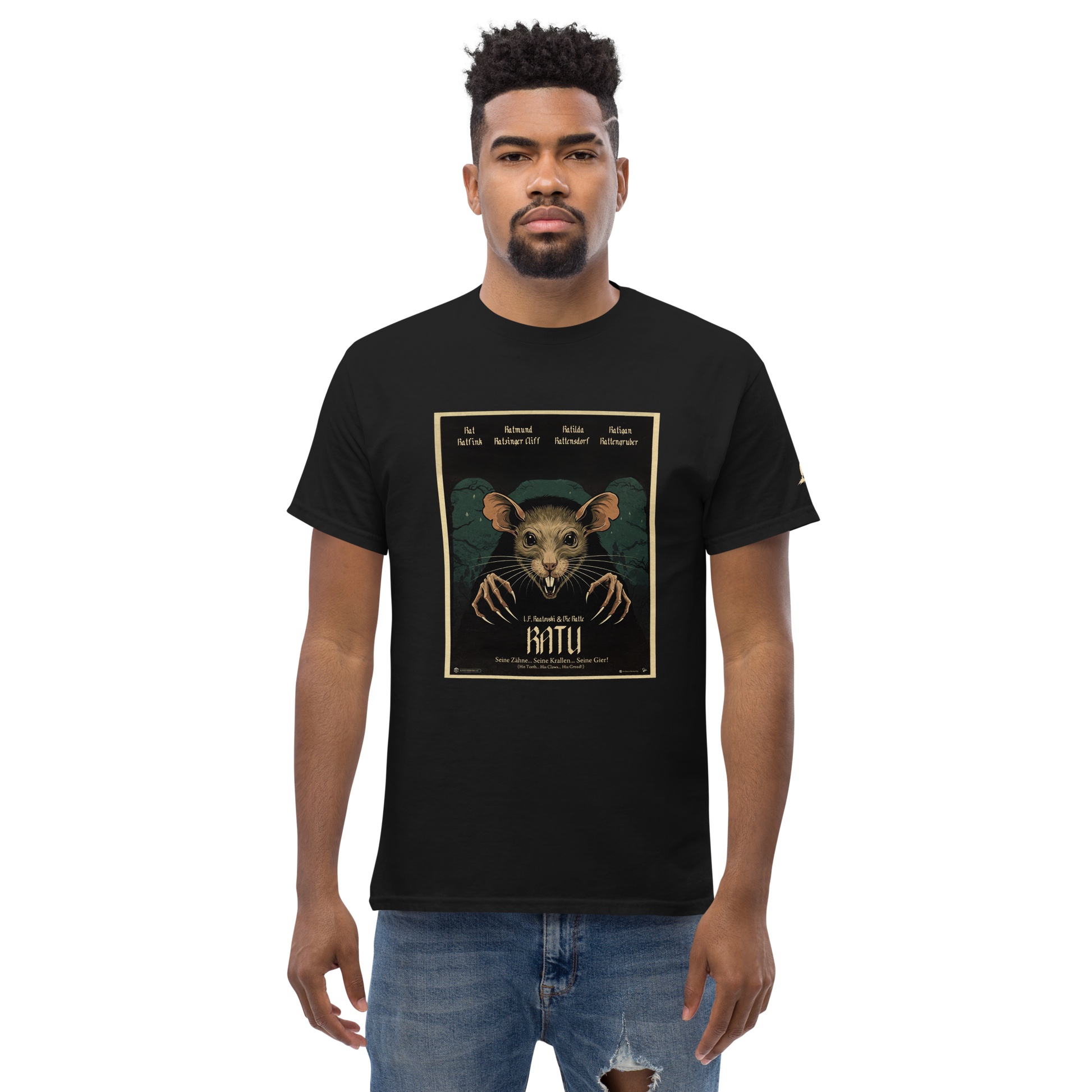 Man in black Ratu: Born from Shadows tee, showcasing its structured fit.
