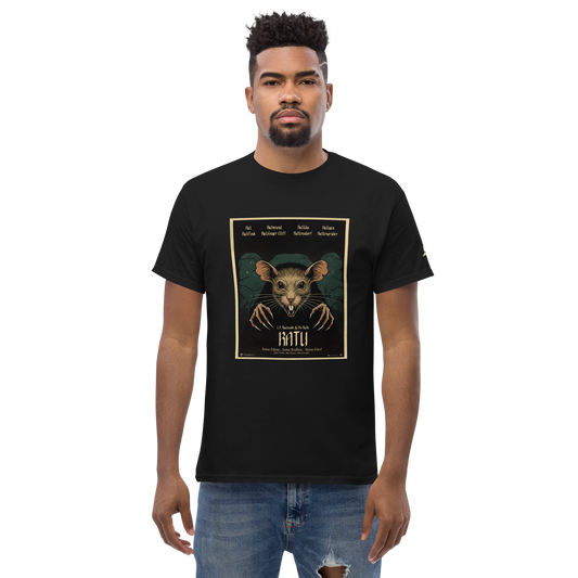 Man in black Ratu: Born from Shadows tee, showcasing its structured fit.