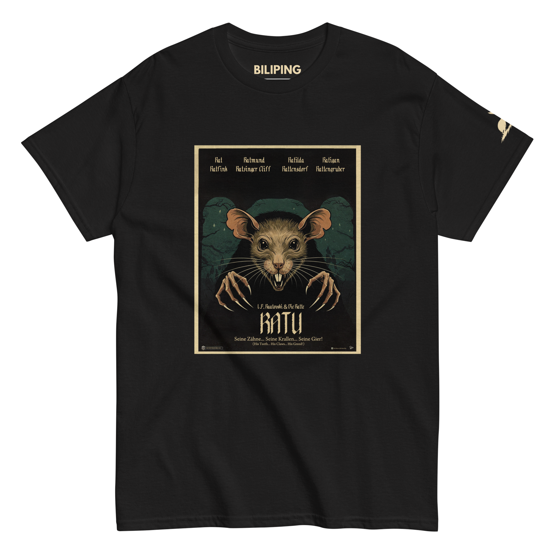 Ratu: Born from Shadows black tee featuring a detailed mouse graphic.