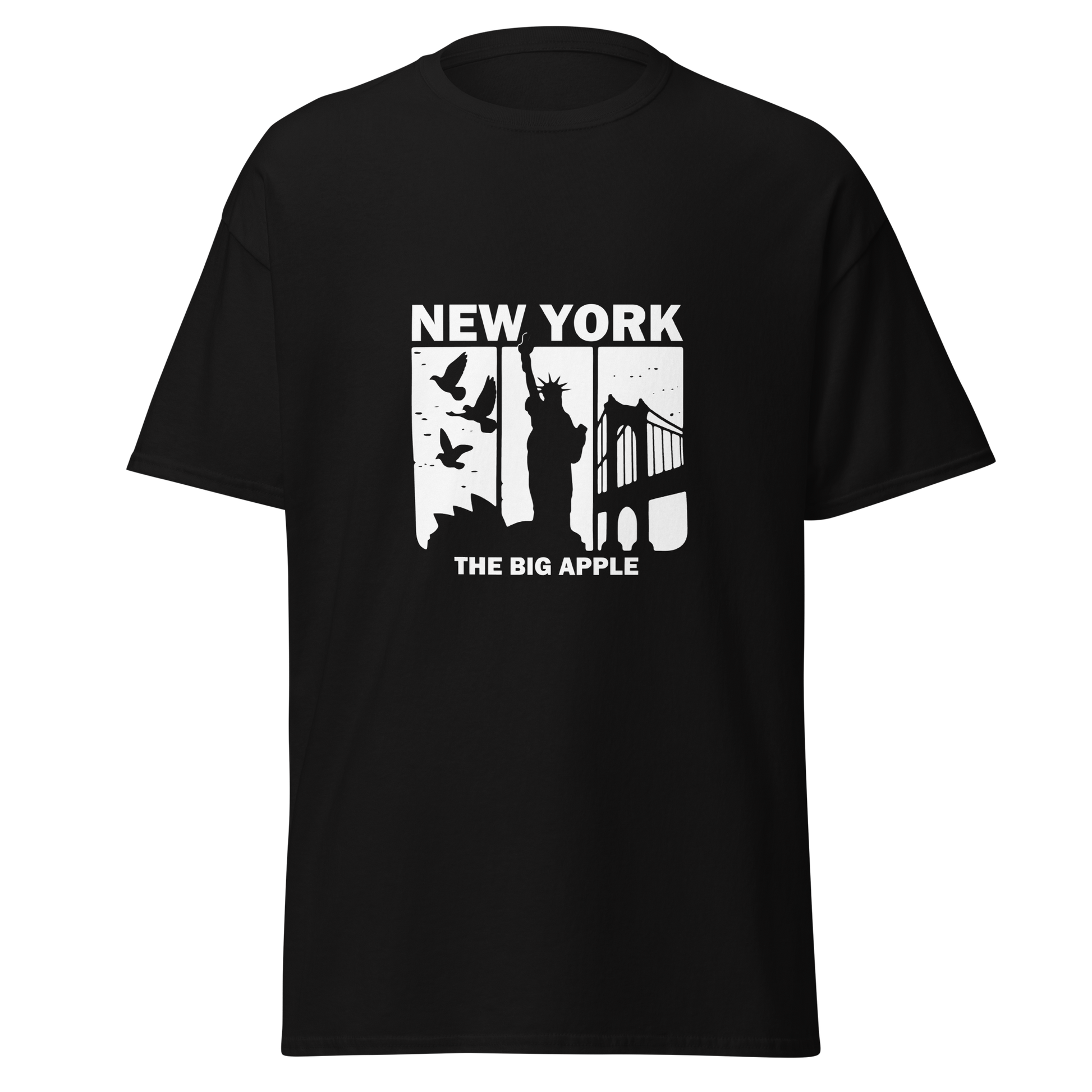 BIG A Tee featuring New York graphics: birds, Statue, bridge.