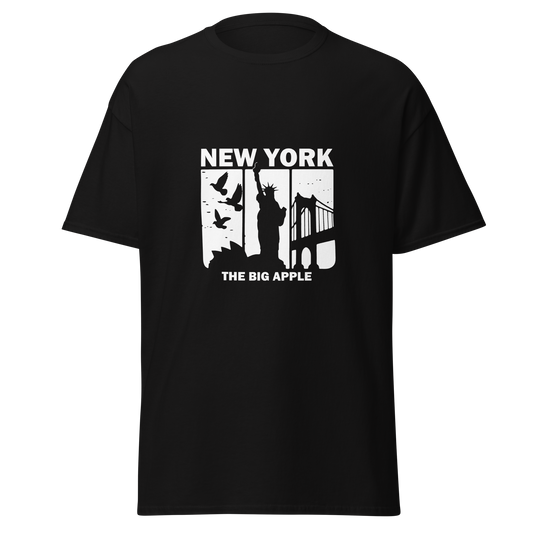 BIG A TEE featuring New York-inspired graphics: birds, Statue of Liberty, bridge.