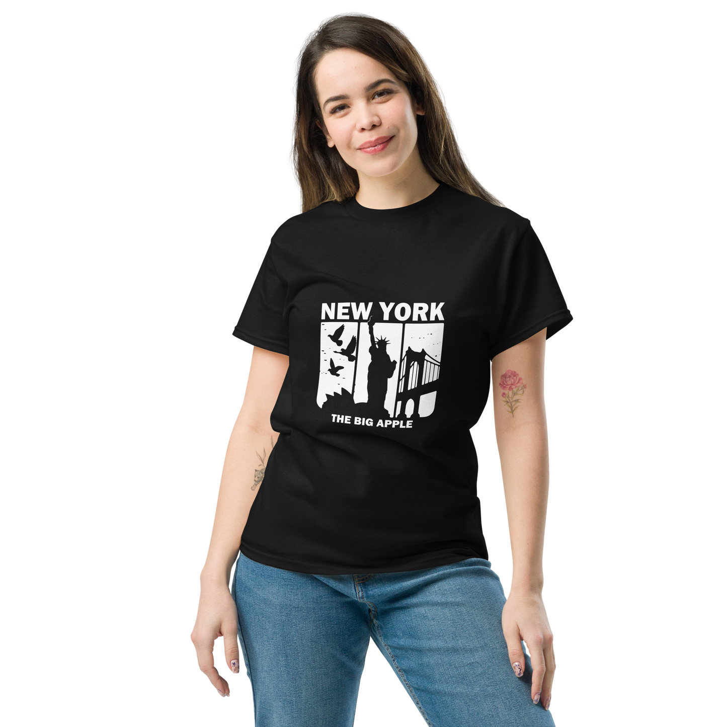 Young woman wearing Big A Tee with New York graphic.