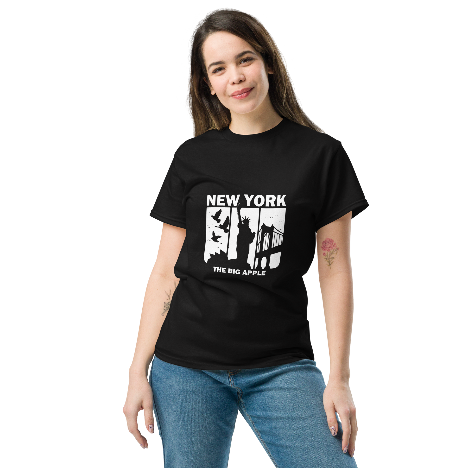 Young woman wearing Big A Tee with New York graphic.