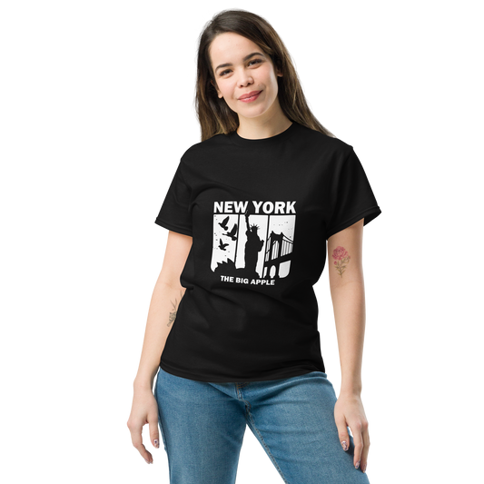 Young woman wearing Big A Tee with New York graphic.