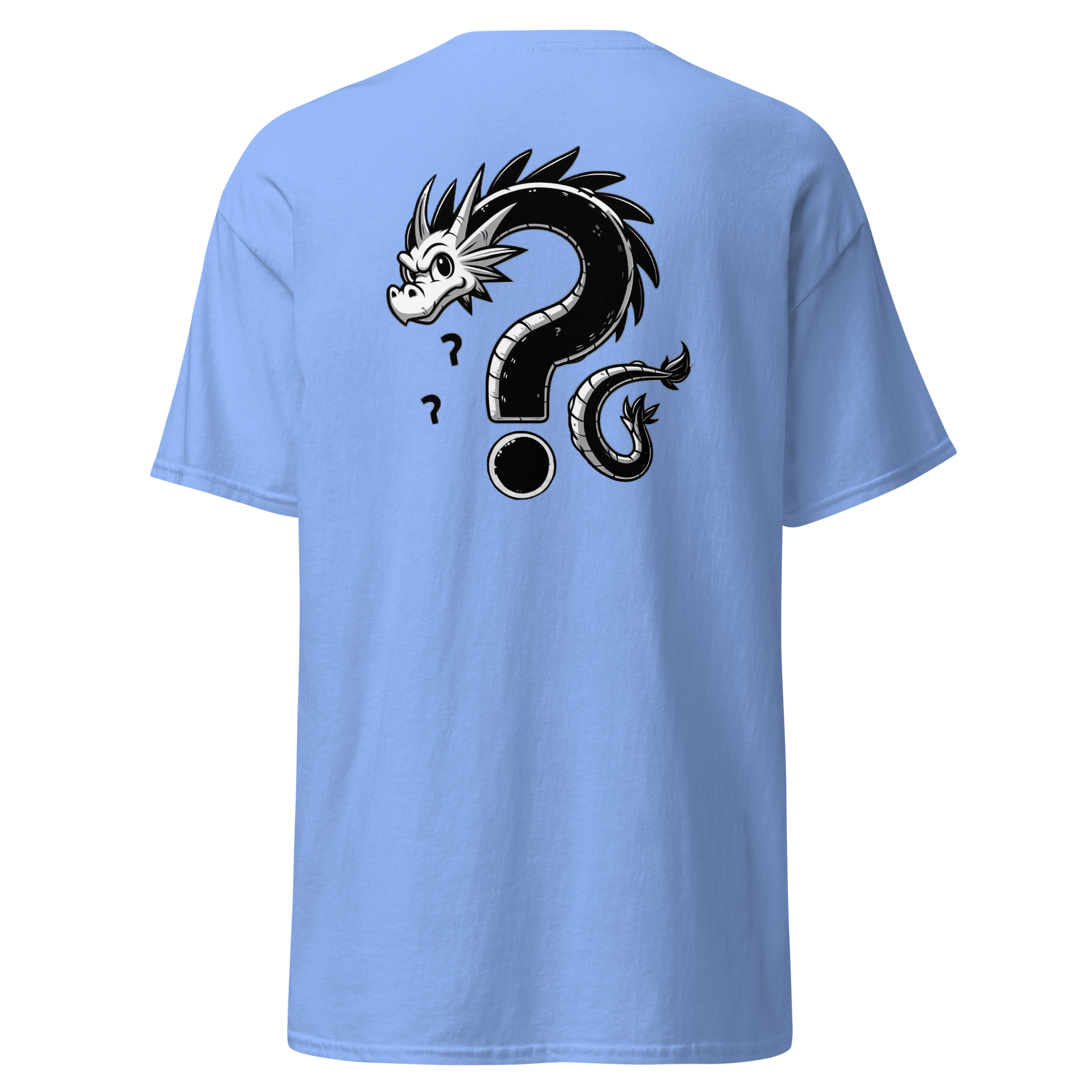 Where is the Dragon? blue t-shirt featuring a cartoon dragon design.