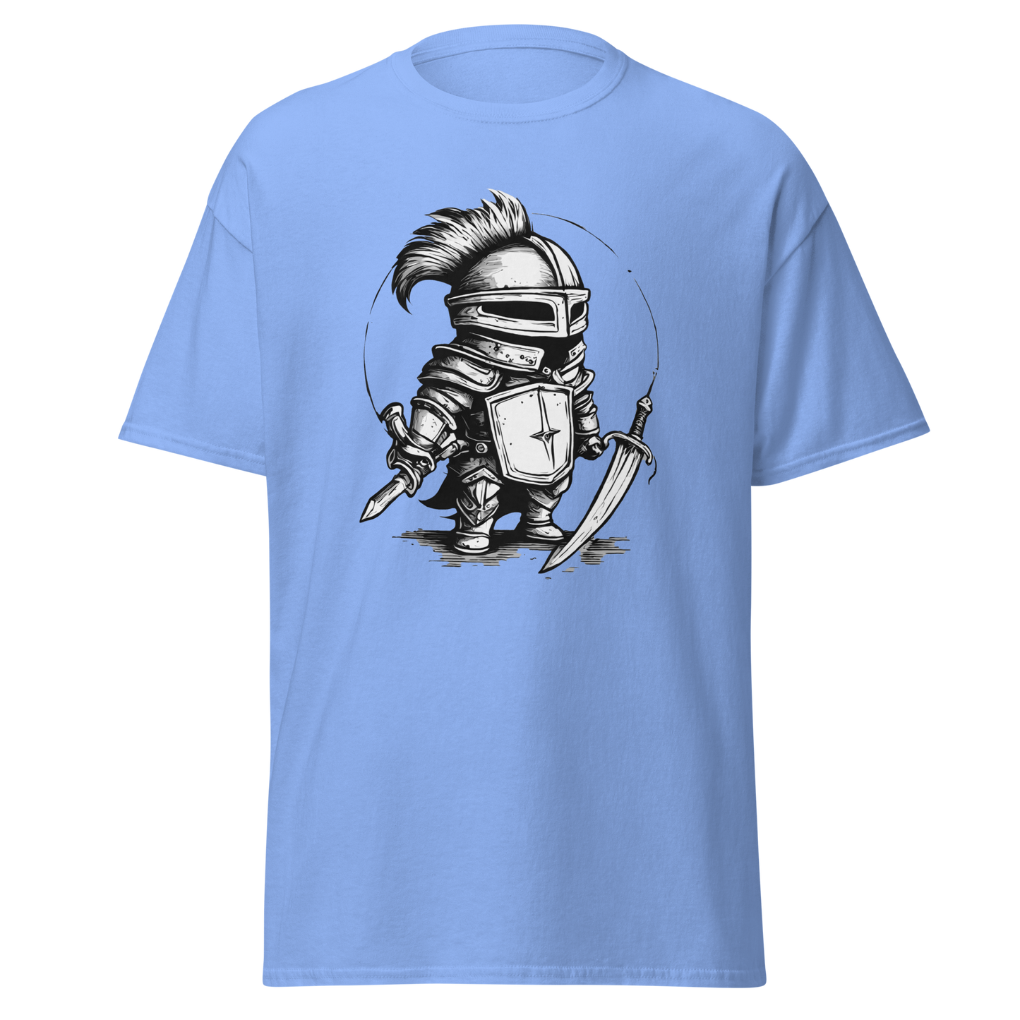 Blue t-shirt with cartoon knight, titled Where is the Dragon?