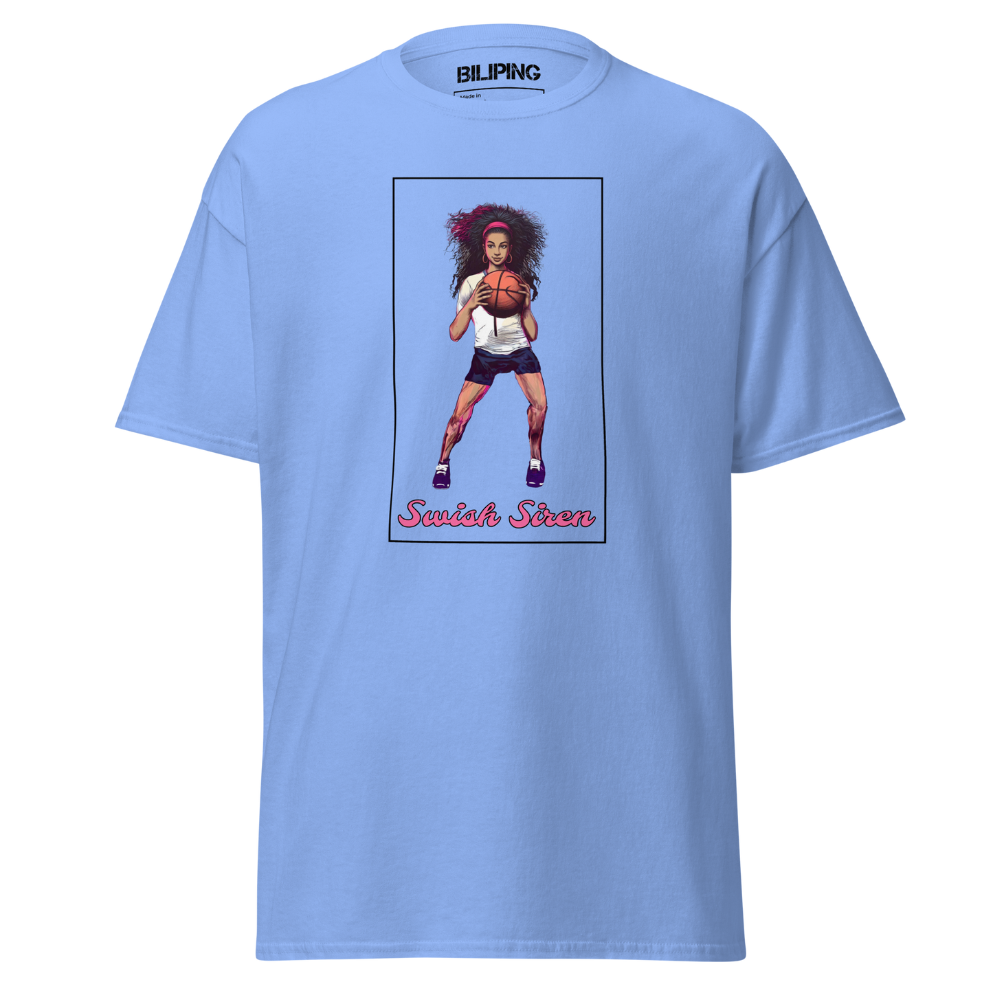 Swish Siren t-shirt featuring a woman holding a basketball.