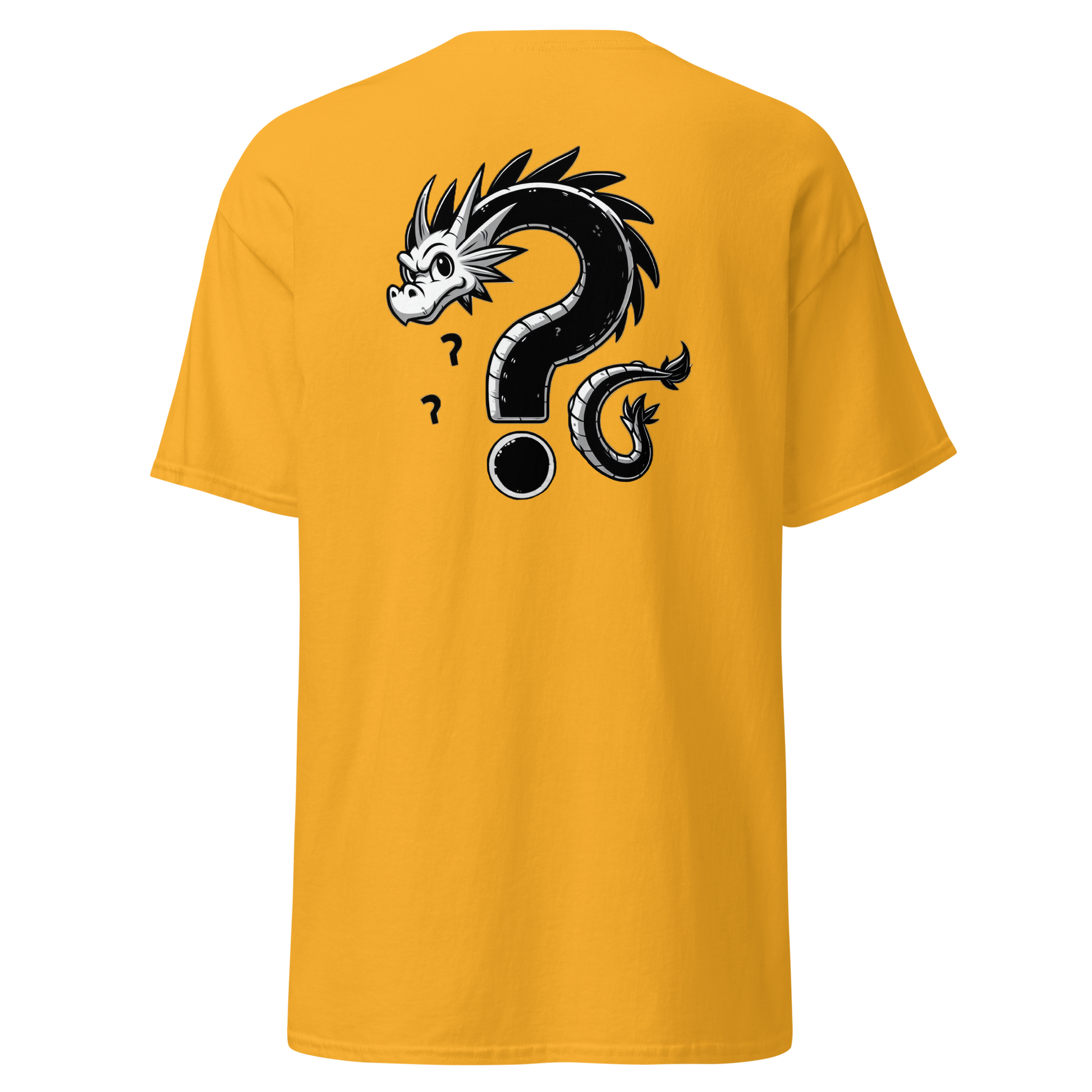 Where is the Dragon? Yellow t-shirt featuring a black dragon logo.
