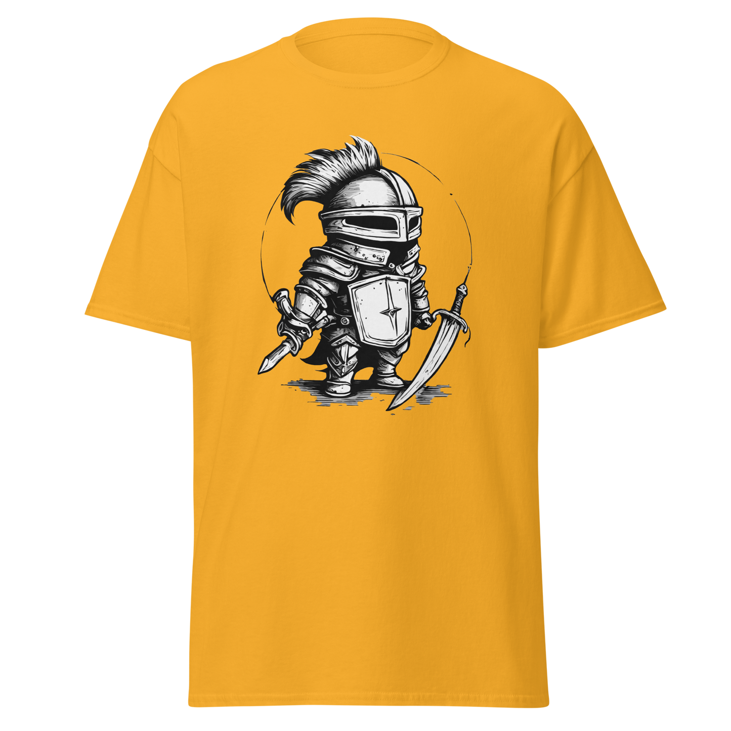 Where is the Dragon? yellow t-shirt featuring a cartoon knight.