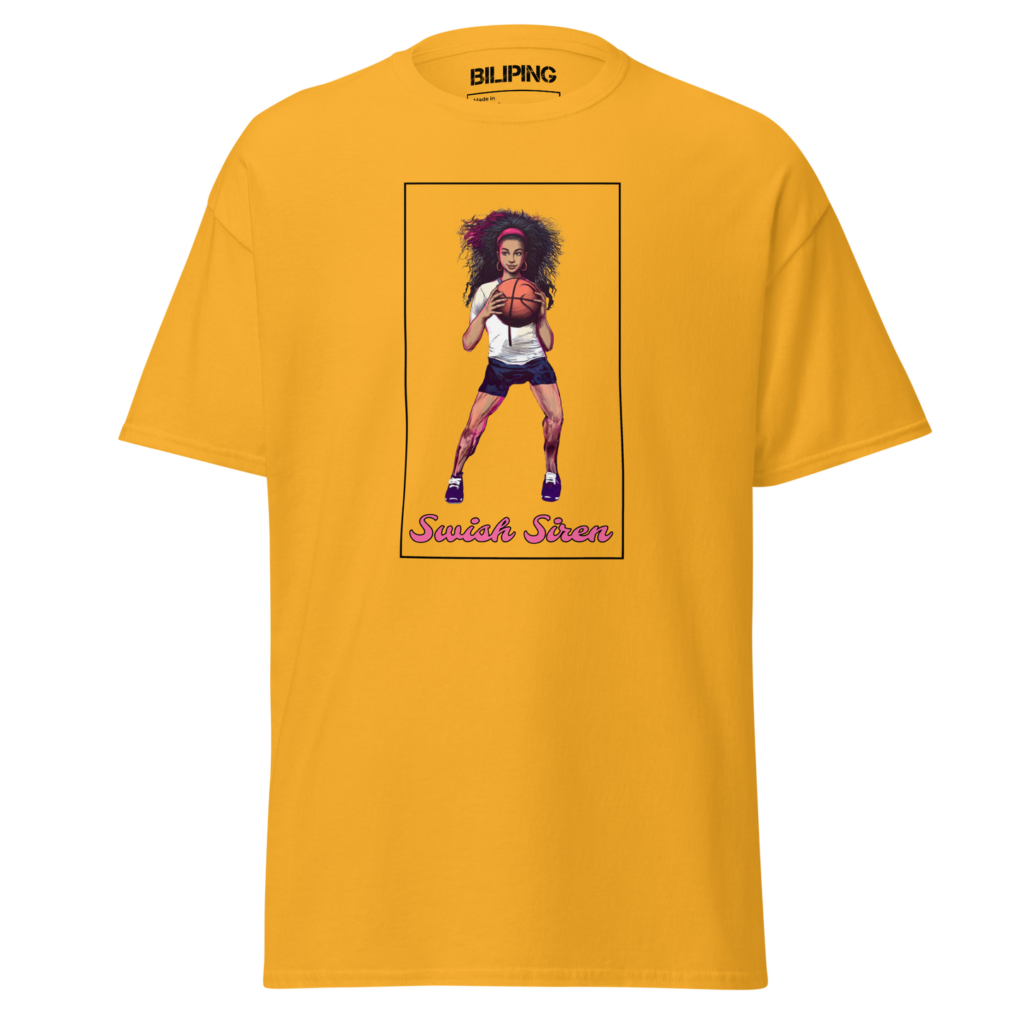 Swish Siren tee featuring a woman holding a basketball.
