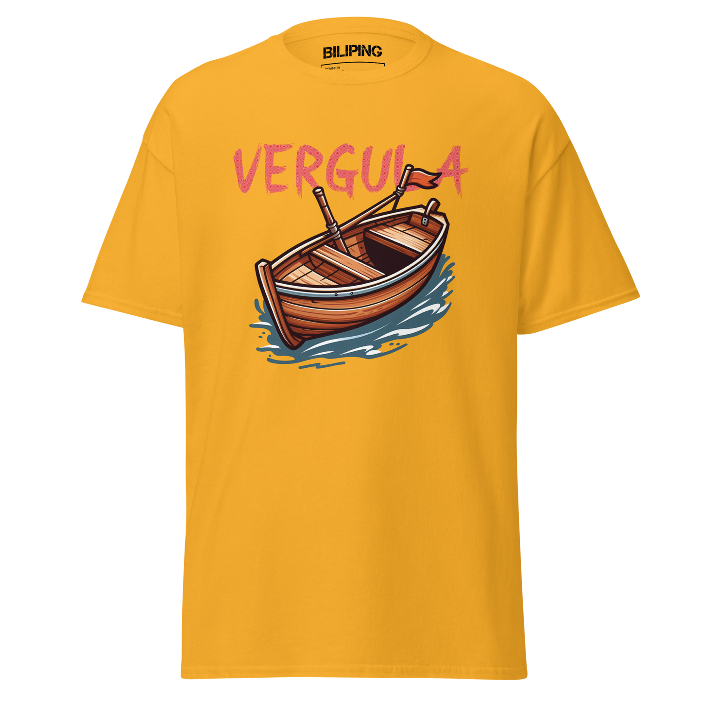 Vergula yellow t-shirt featuring a boat design, highlighting casual comfort.