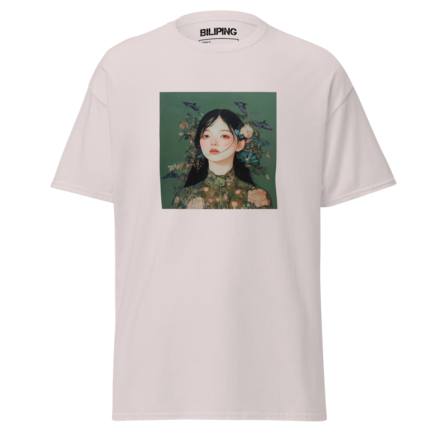 Grace white t-shirt with woman’s face print, structured fit.