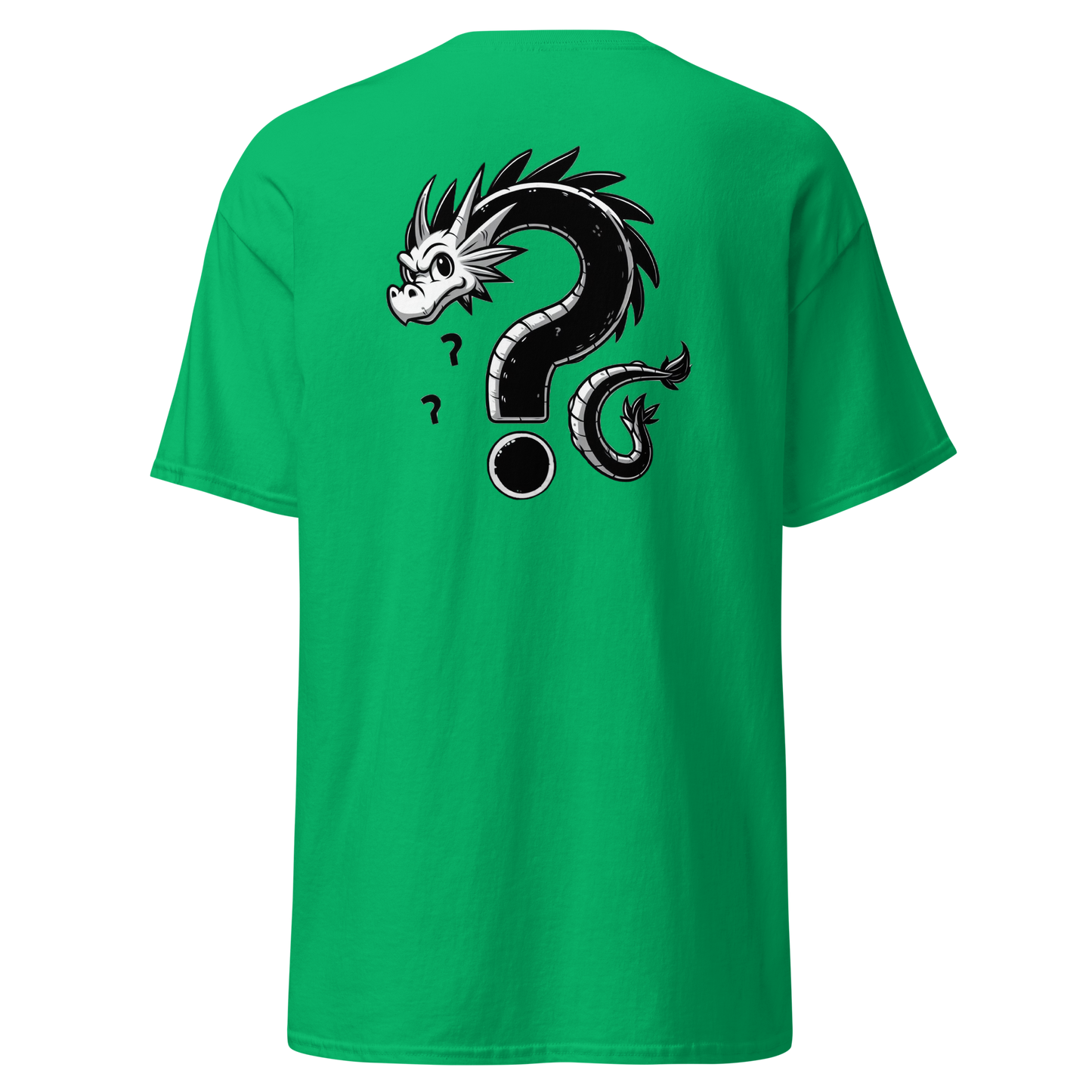 Where is the Dragon? green shirt with cartoon dragon design.