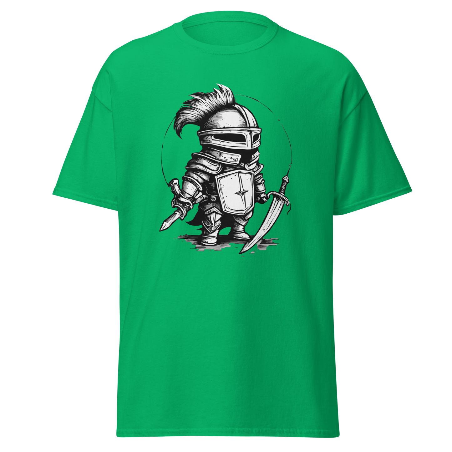 Where is the Dragon? green t-shirt featuring a cartoon knight with sword.
