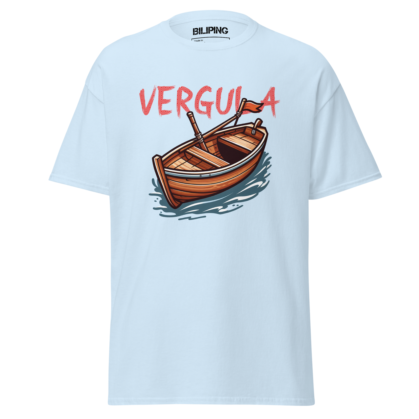 Vergula white t-shirt featuring a boat design.