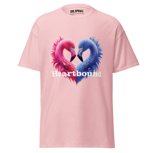 Love is Boundless: Pink tee with heart-shaped flamingos, structured fit.
