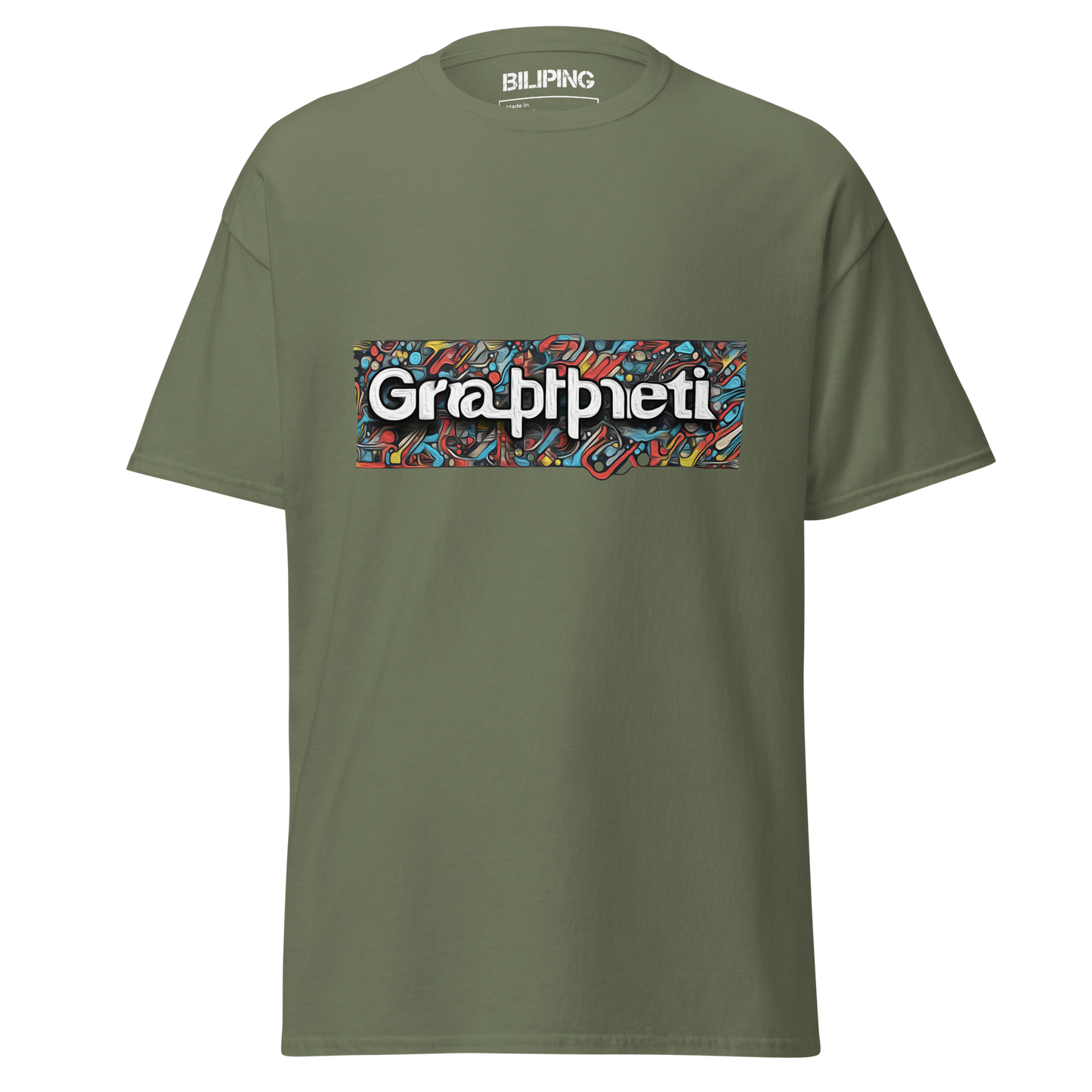 Teegraffiti green t-shirt with white text, close-up view.