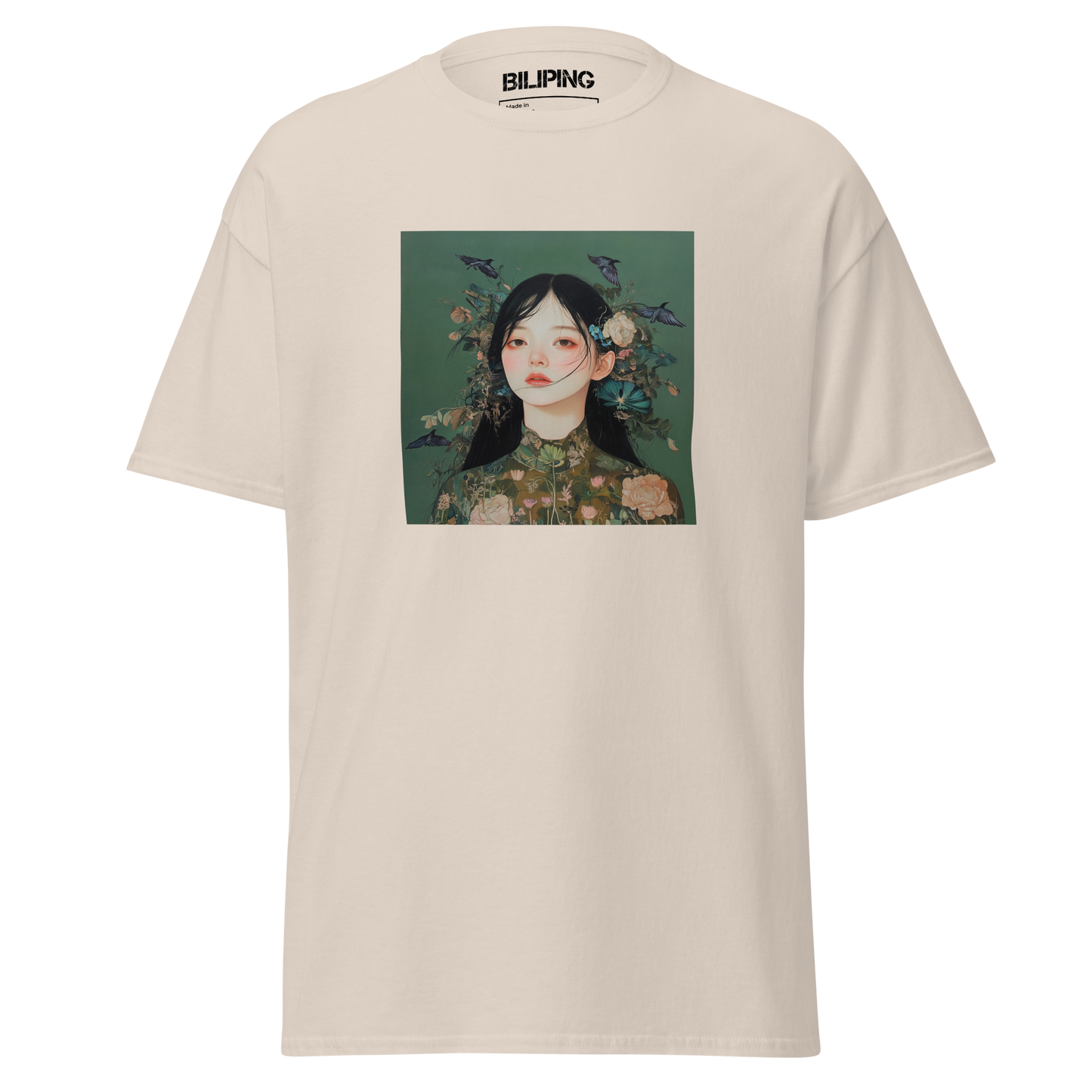 Grace: White t-shirt featuring a woman's face, structured fit, 100% cotton.