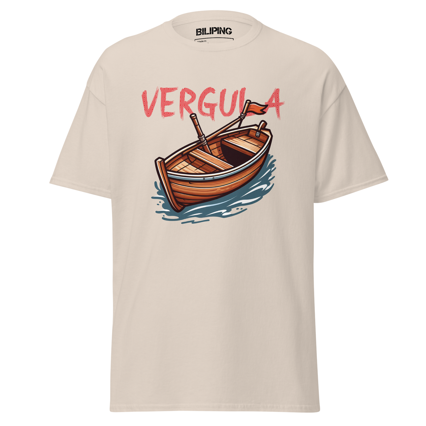 Vergula: White t-shirt featuring a boat design, ideal for casual adventures.