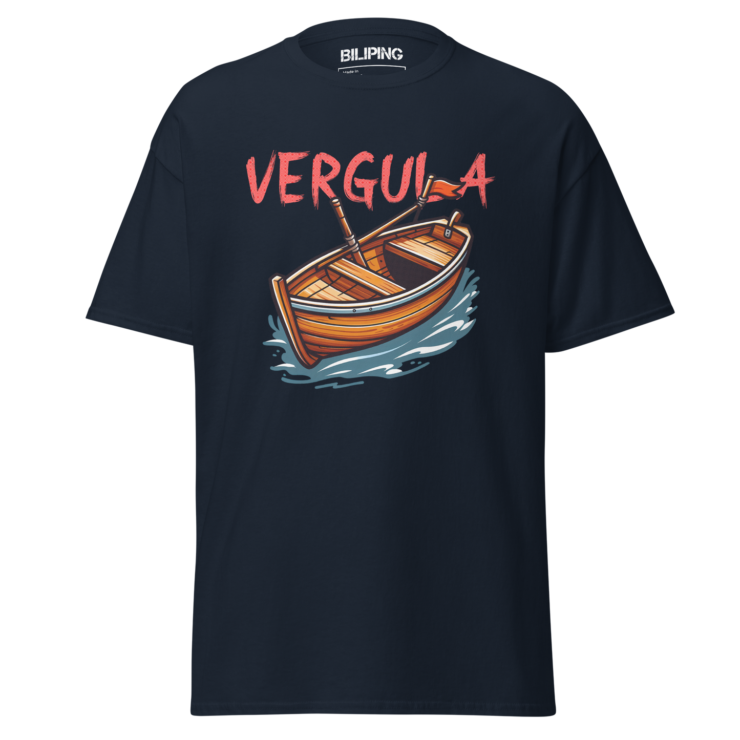 Vergula black t-shirt featuring a boat design, perfect for everyday comfort.